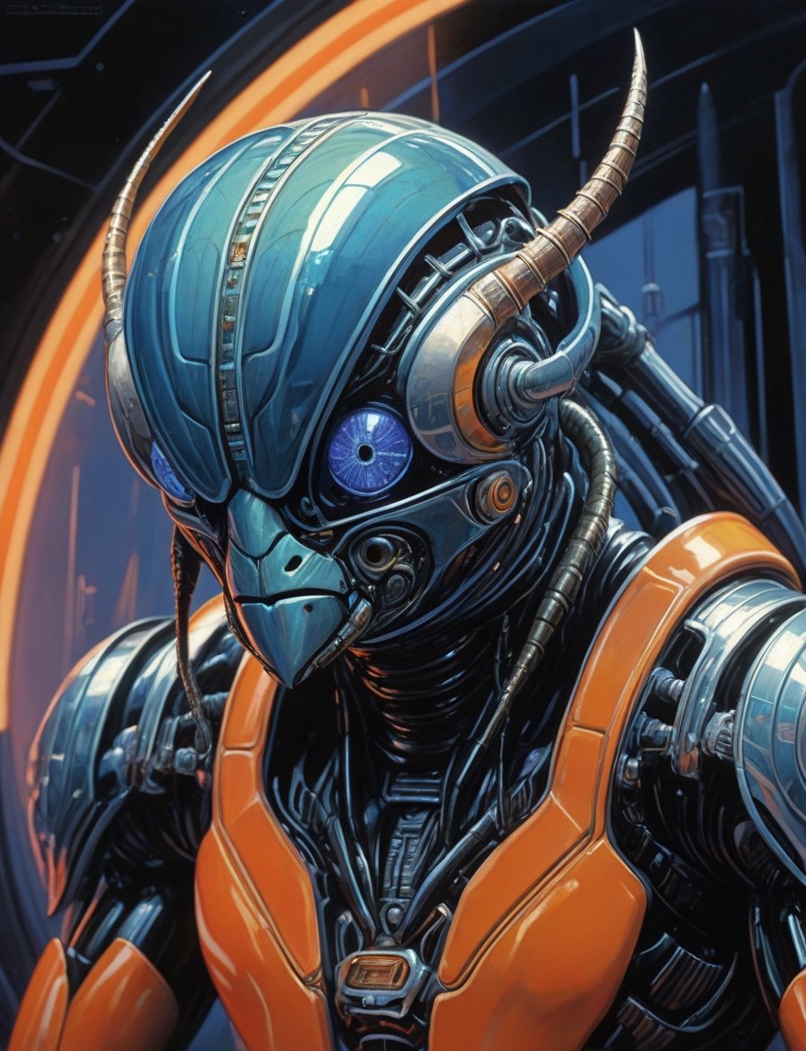 close up, head and shoulders portrait, male fuzzy beetle creature , glowing blue irises, engraved energy lines , (art by Syd Mead:1.8), ship interrior, solar punk, tangerine and teal color scheme, cold color palette, muted colors, detailed, 8k, art by h.r. giger