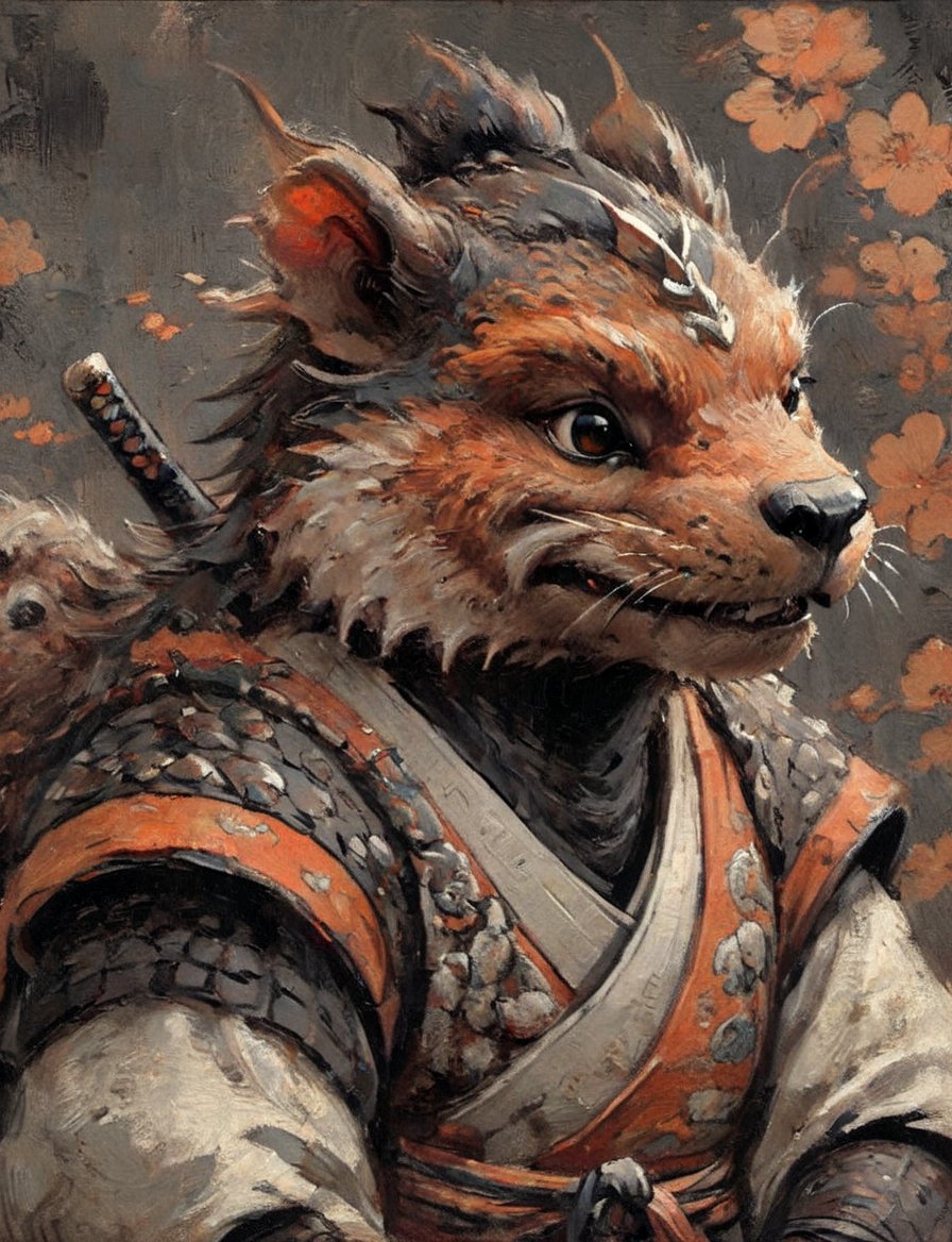 (close up, head and shoulders portrait:1.3), anthromorphic ( beaver :1.2) dragon, samurai , black samurai armor, brown, orange, white and black color scheme , (dark background:1.2), Disney pixar style,Ukiyo-e,ink,colorful,shogun