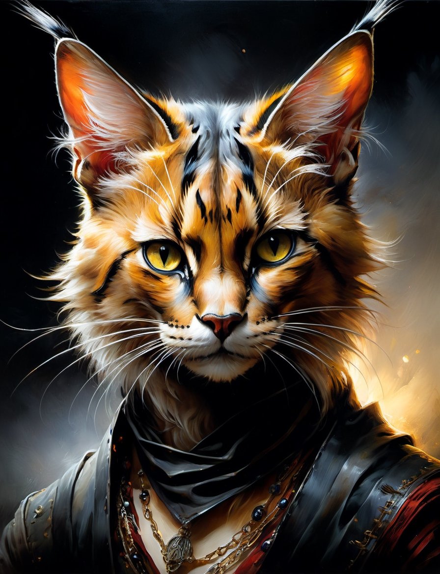 head and shoulders portrait, anthropomorphic Hybrid bird (caracal cat) pirate animal oni, wearing pirate crew clothing, bandana , eyepatch, multi colored feathers, oil painting, thin and smooth lines, long strokes, light and delicate tones, clear contours, cinematic quality, dark background, dramatic lighting, by Jeremy Mann, Peter Elson, Alex Maleev, Ryohei Hase, Raphael Sanzio, Pino Daheny, Charlie Bowater, Albert Joseph Penot, Ray Caesar, highly detailed, hr giger, gustave dore, Stephen Gammell, masterpiece of layered portrait art, techniques used: sfumato, chiaroscuro, atmospheric perspective