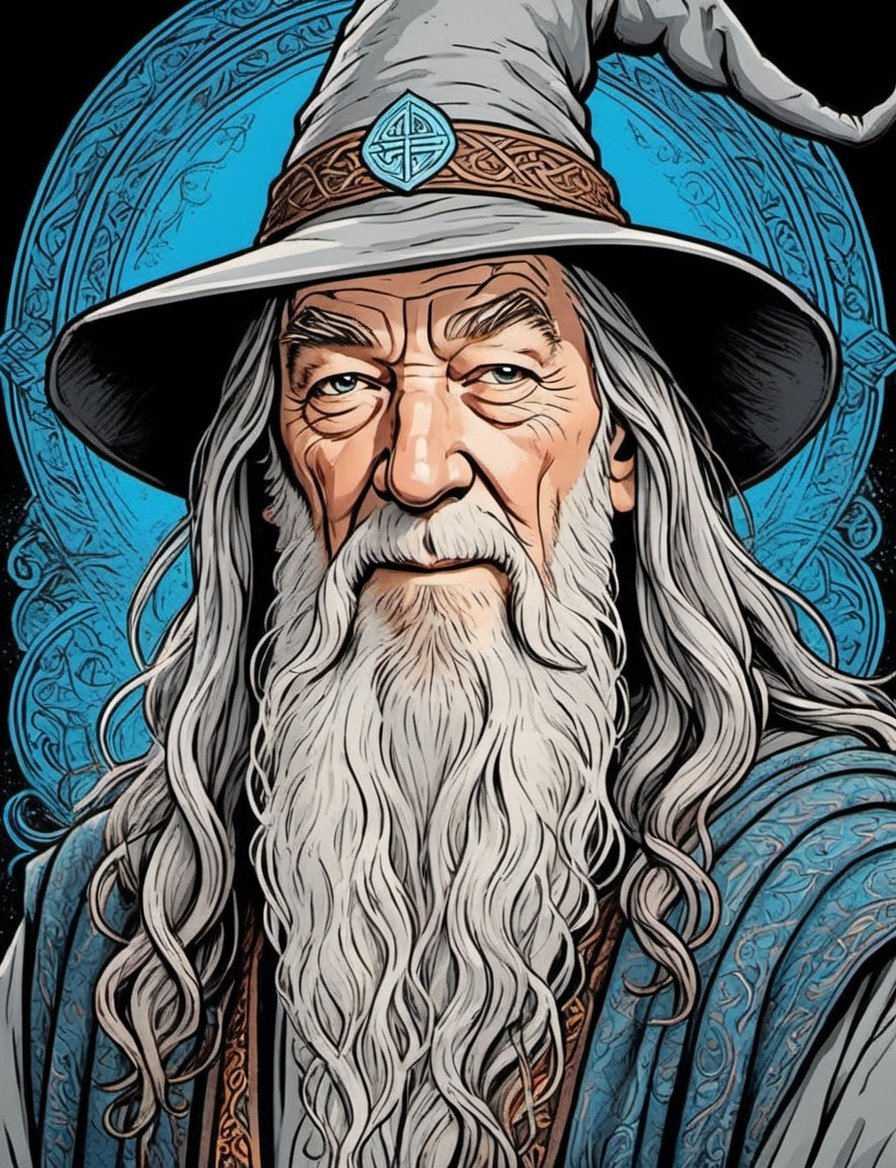 head and shoulders comic portrait of gandalf the gray wearing wizard robes with magic runes, (risograph:1.3), inspired by Jesús Mari Lazkano, miraculous, flat linework, stamp, retro future poster colors , (dark background:2), ancient era, by Moebius, phonk album cover,  megalithic, cover, inspired by Retro-Futurism aesthetic,real_booster,comic book