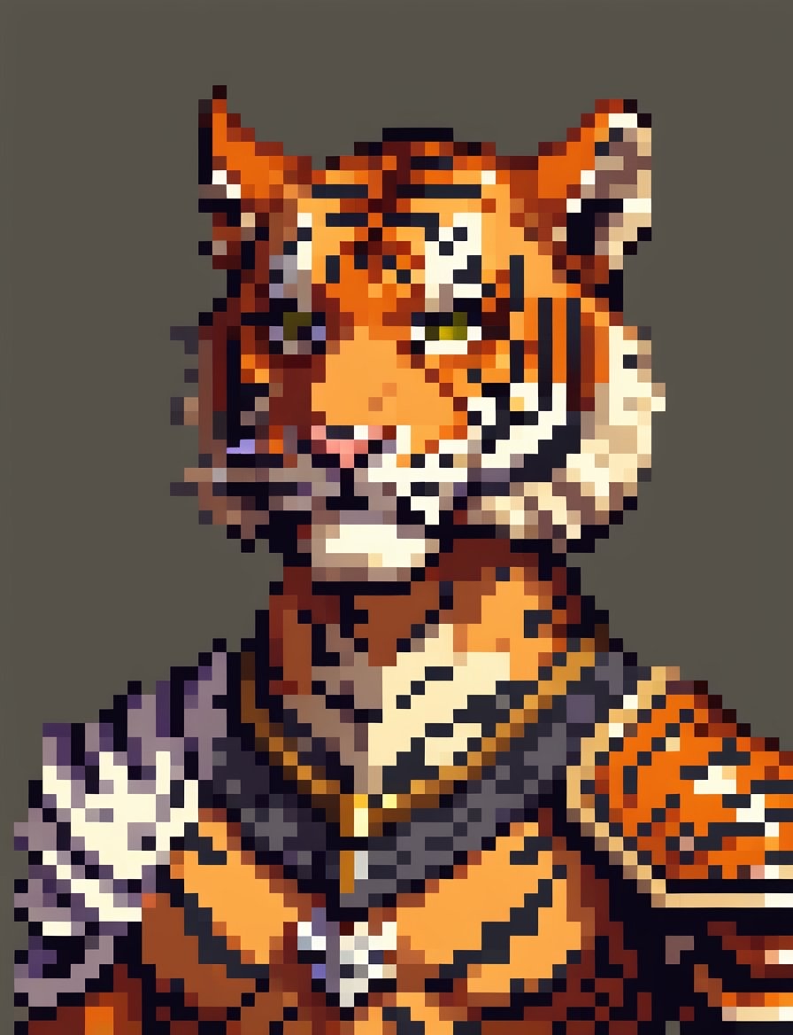 Head and shoulders portrait, anthropomorphic tiger warrior ,  pixel art, PixArFK, ,Pixel Art