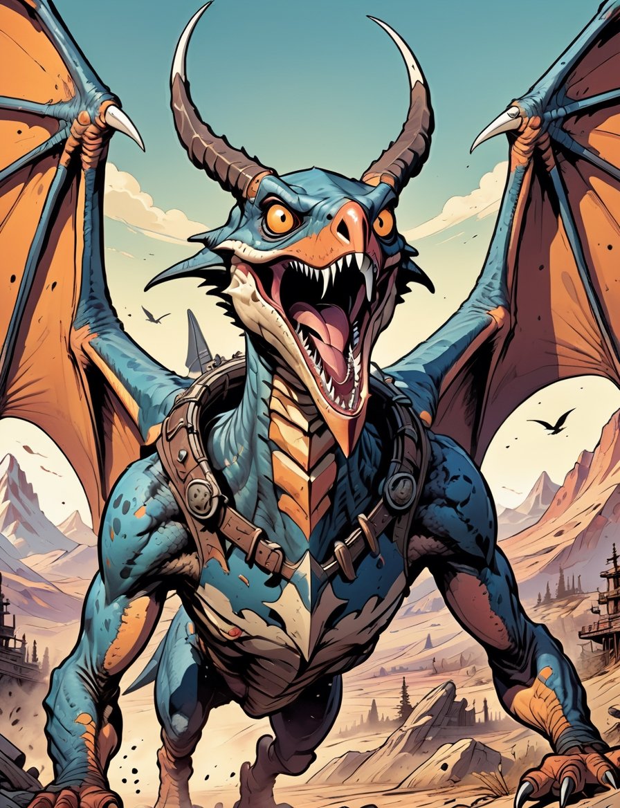 vintage comic book illustration, close up, fantasy (pterodactyl:1.6) (dragon:0.8) creature, large rabbit ears, antlers, , two eagle-like wings, black and blue feathers, full cat-like body in leaping action pose, emitting an eerie gleam,  Its gaze is filled with malice, and its mouth, filled with sharp fangs, graphic illustration, comic art, graphic novel art, vibrant, highly detailed,