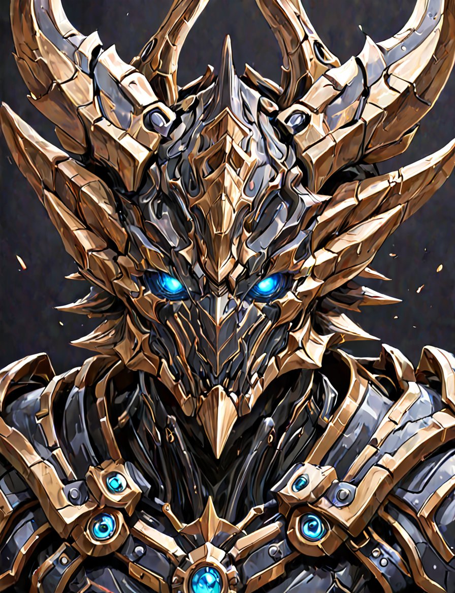 (head and shoulders portrait:1.2), a Warforged triceritops , sentient construct of gleaming obsidian and black metal and gears, is dressed in intricately detailed armor. dark background , Inspired by the art of Destiny 2 and the style of Guardians of the Galaxy,art_booster