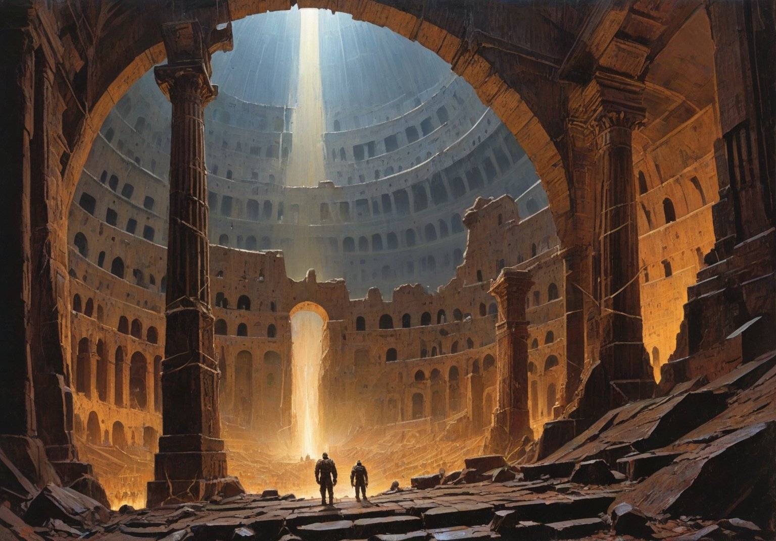 alien planet, dark night sky, (glowing energy lines:1.5), (art by Syd Mead:1.8) (art by John Berkey:2), pyramid, (looking down into a colosseum:2), triangular geometric features, cracked stone, cobblestone, molten lava river, solar punk, triadic colors, muted colors, detailed, 8k, art by h.r. giger