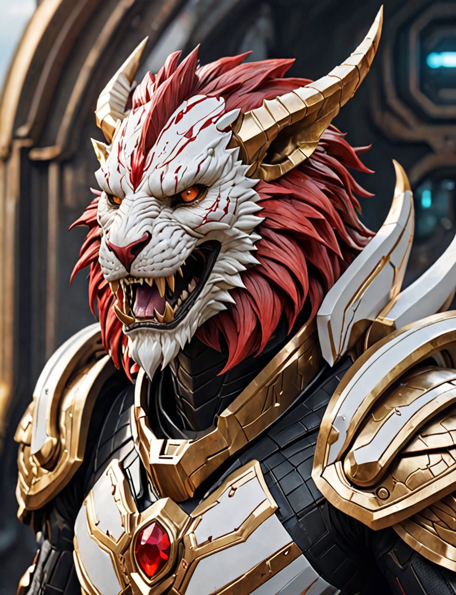 (head and shoulders portrait:1.2), Sci-Fi. (anthropomorphic manticore:1.3), athletic build. ((white armor)).  wearing futuristic and highly cybernetic black armor. red ornaments, golden lines, Inspired by the art of Destiny 2 and the style of Guardians of the Galaxy
