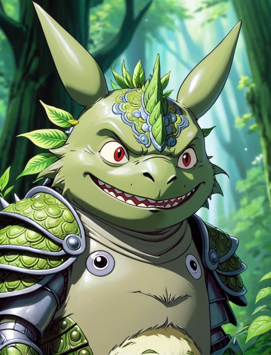 head and shoulders portrait, a Totoro forest spirit dragon, wearing verdant armor 