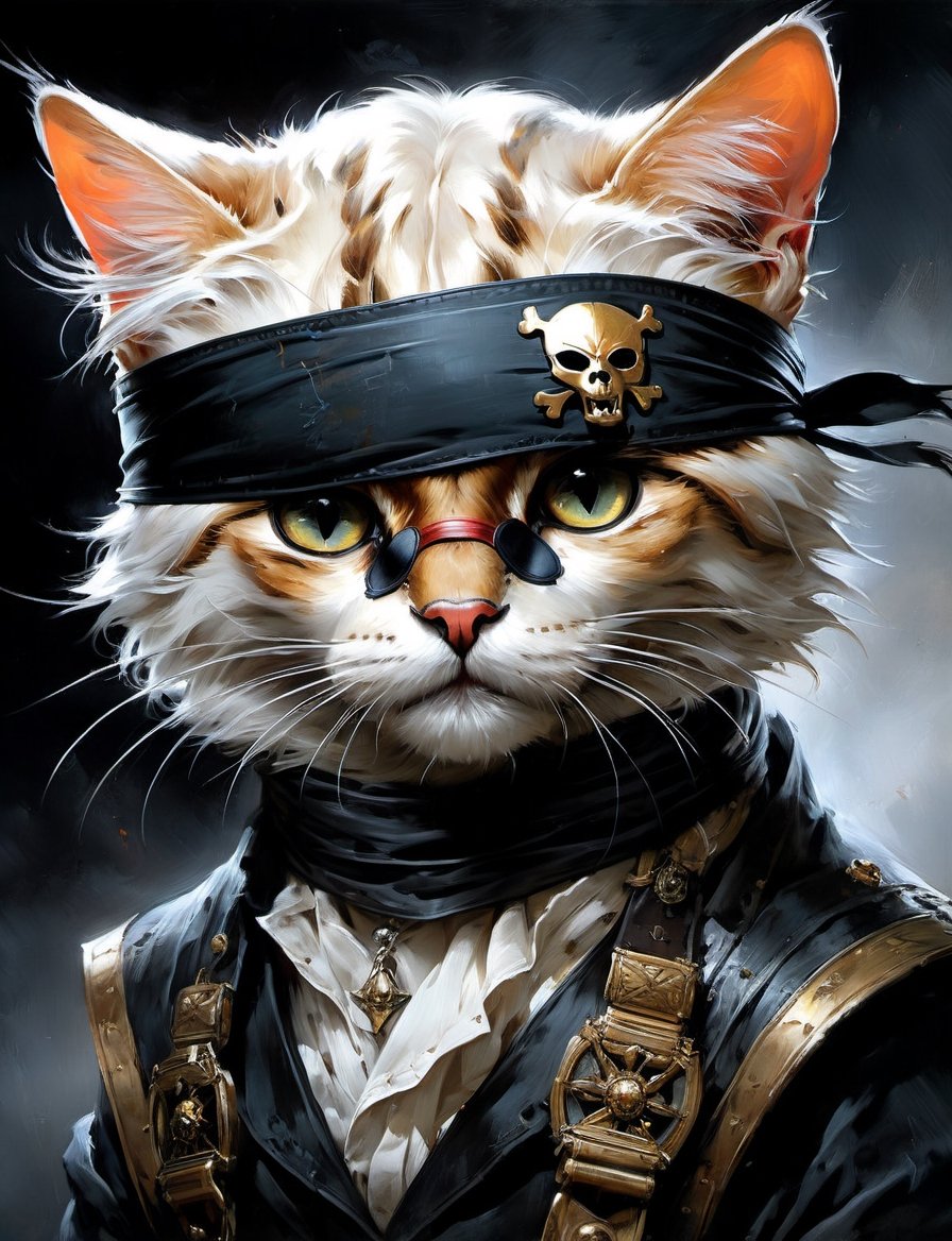 head and shoulders portrait, anthropomorphic Hybri (panther cat) pirate animal oni, wearing pirate crew clothing, bandana , (eyepatch:2), multi colored feathers, oil painting, thin and smooth lines, long strokes, light and delicate tones, clear contours, cinematic quality, dark background, dramatic lighting, by Jeremy Mann, Peter Elson, Alex Maleev, Ryohei Hase, Raphael Sanzio, Pino Daheny, Charlie Bowater, Albert Joseph Penot, Ray Caesar, highly detailed, hr giger, gustave dore, Stephen Gammell, masterpiece of layered portrait art, techniques used: sfumato, chiaroscuro, atmospheric perspective