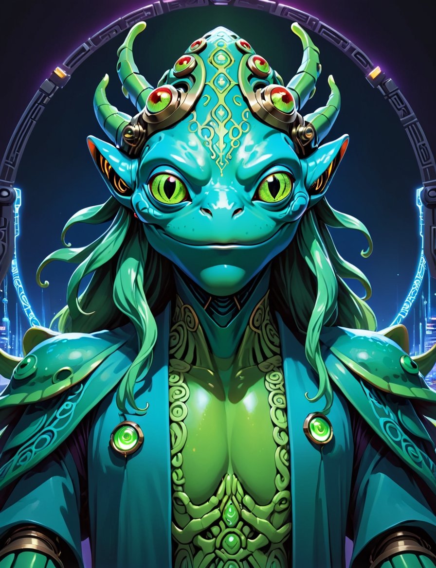 head and shoulders portrait, flat 2d illustration style, 1male:3, anthropomorphic sci-fi (green and blue frog:2) (robot Cthulhu:1.8) , cyberpunk, tarot card, 4K UHD, studio ghibli style, high-tech, , nocturne, breakdomain, portraitart, portrait art style, neon hieroglyphs 