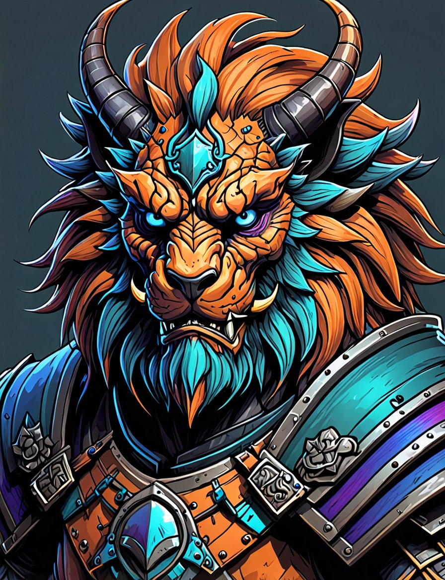 (close up, head and shoulders portrait:1.5), orange, teal, blue, violet gradient , (anthromorphic manticore :1.5), samurai wearing samurai armor, (strong outline sketch style:1.5), symmetrical features, gritty fantasy, (darkest dungeon art style :1.4), dark muted background, detailed