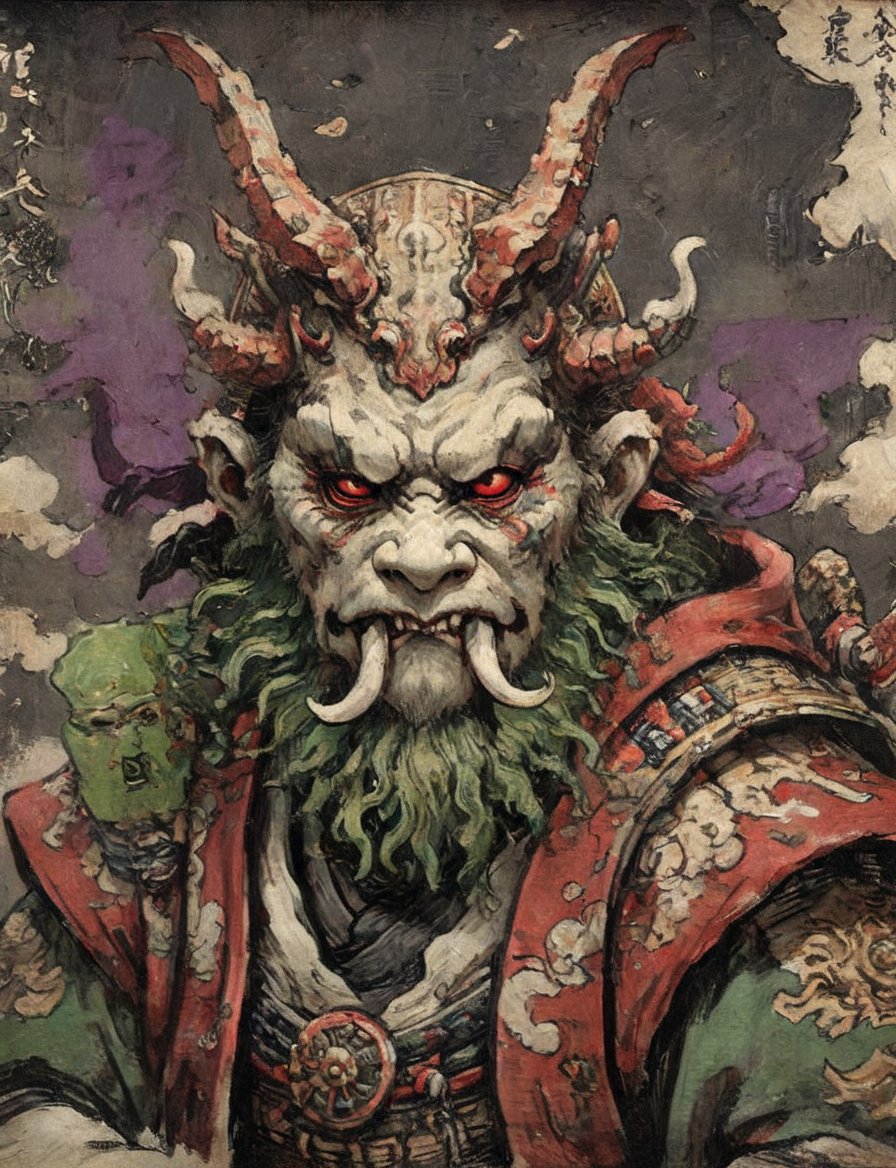 (close up, head and shoulders portrait:1.3), (anthromorphic Cthulhu  :1.6), floating mask, oni_horns, samurai , samurai armor , brown, green, violet , white and black color scheme , (dark background:1.2), Ukiyo-e,ink,colorful,shogun