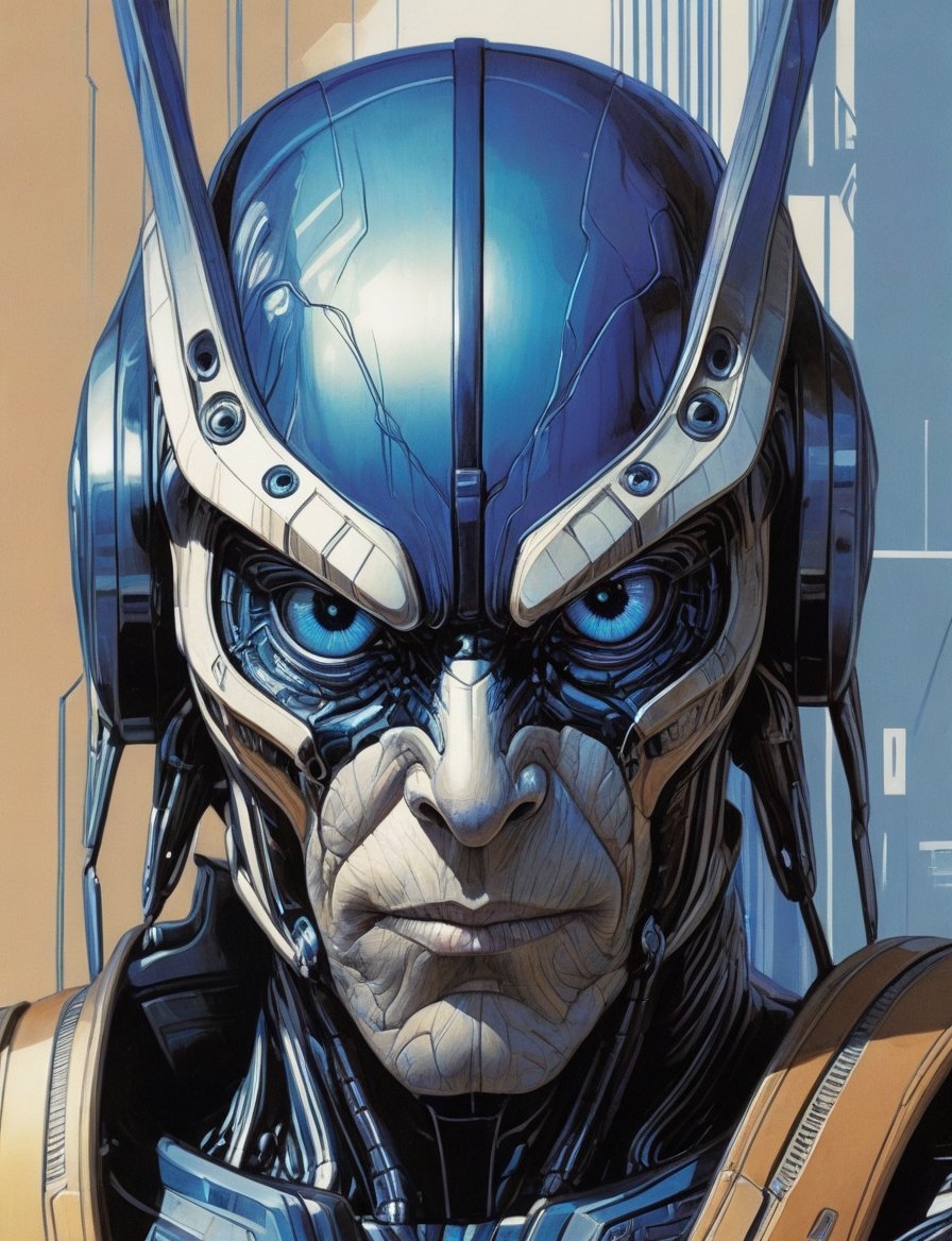 close up, head and shoulders portrait, male creature (several eyes:3) , glowing blue irises, engraved energy lines , (art by Syd Mead:1.8), triadic color scheme, muted colors, detailed, art by h.r. giger