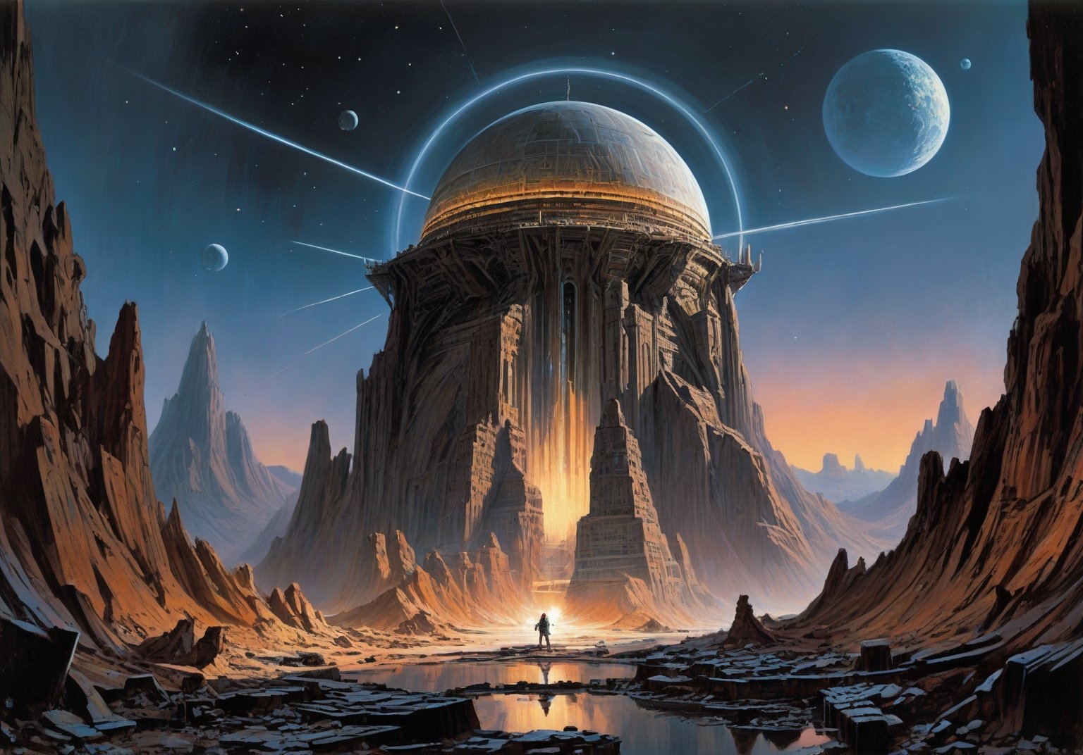 alien planet, dark night sky, (glowing energy lines:1.5), (art by Syd Mead:1.8) (art by John Berkey:2), pyramid, above a circular colosseum, triangular geometric features, cracked stone, cobblestone, molten lava river, solar punk, triadic colors, muted colors, detailed, 8k, art by h.r. giger