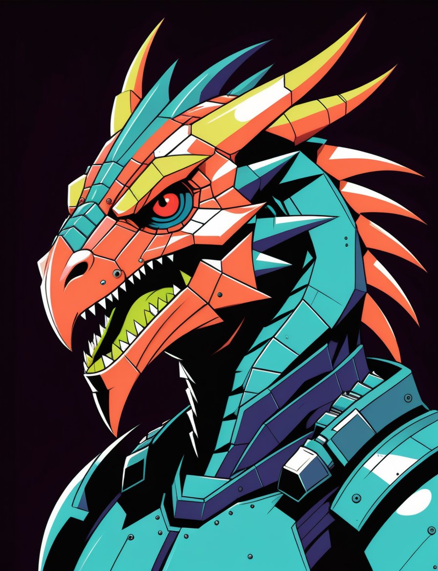 head and shoulders portrait, (anthropomorphic wyvern :1.3) , sci-fi cyborg warrior , 80s anime style, glitch art, flat colors, key visual, vibrant, studio anime, minimalistic