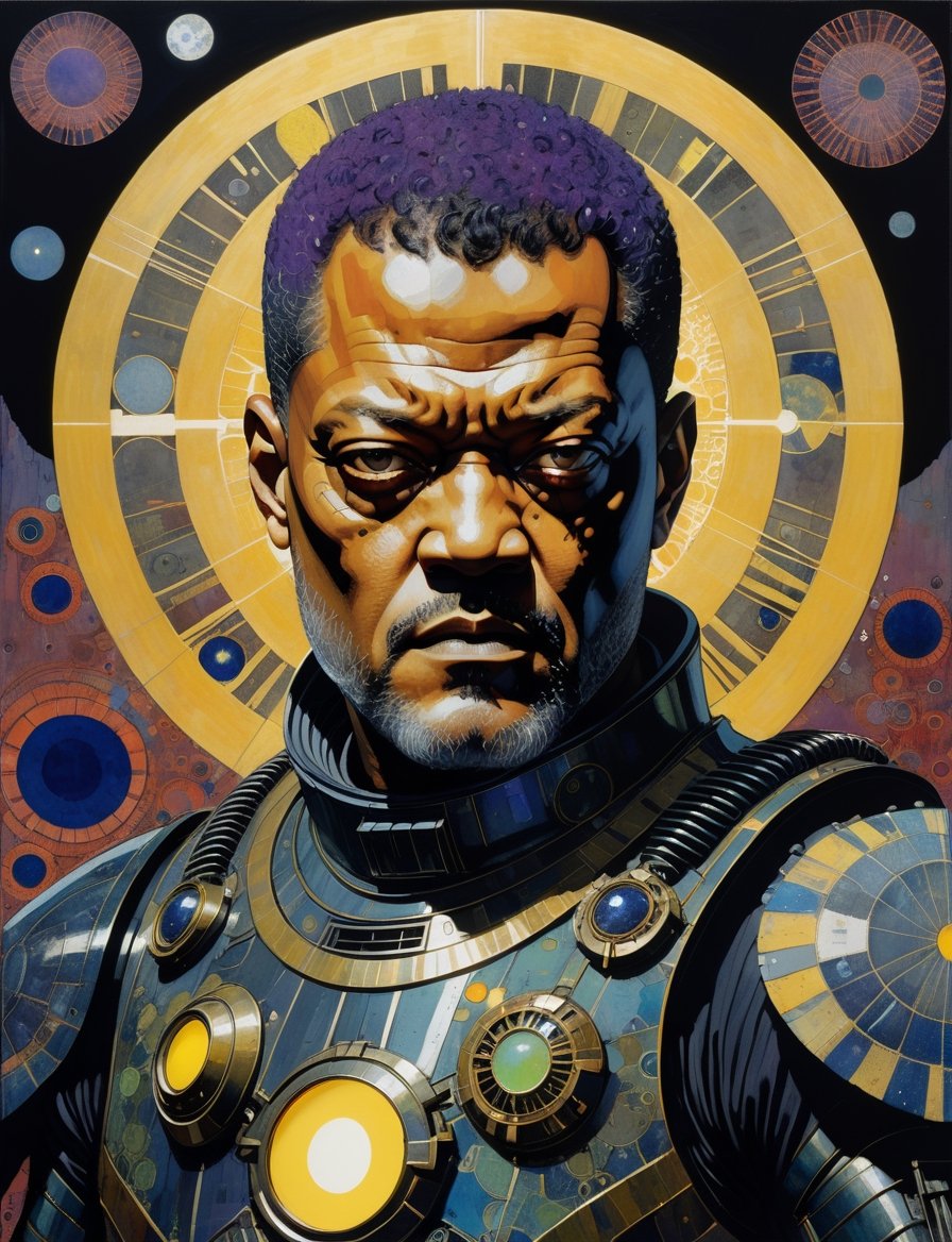 Painting of Laurence Fishburne as an evil sci-fi warrior, wearing power armor, solar punk setting, in the style of harry clarke and gustav klimt, analogous colors and black, bold colors and brushwork, bold lithographic, intense gaze, head and shoulders portrait