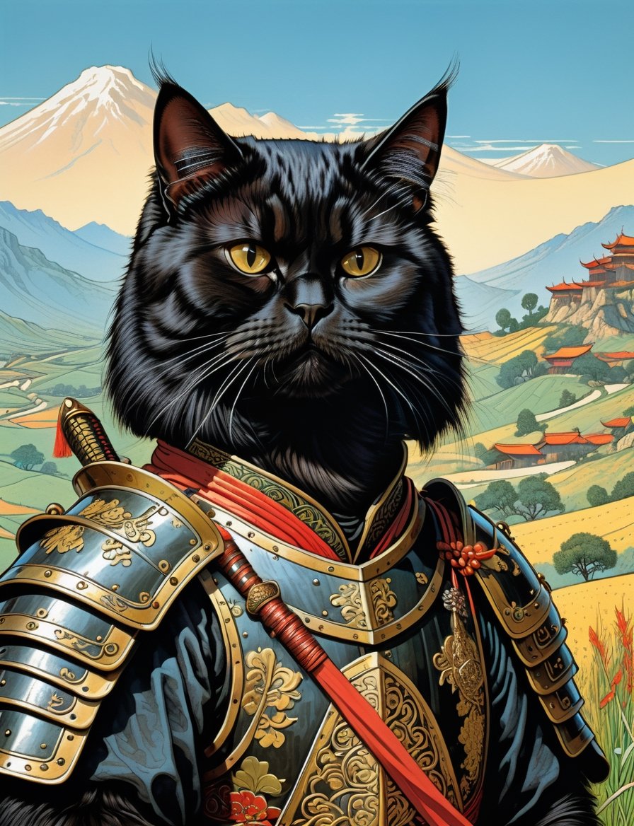 head and shoulders Portrait, fantasy anthropomorphic (medieval oriental:3) (black persian cat samurai with full armor :2),  background oriental countryside setting ,
highly detailed, art by Jean Giraud ((Moebius style)), line ink illustration,highly detailed,  ink sketch,ink Draw,Comic Book-Style 2d,2d, pastel colors