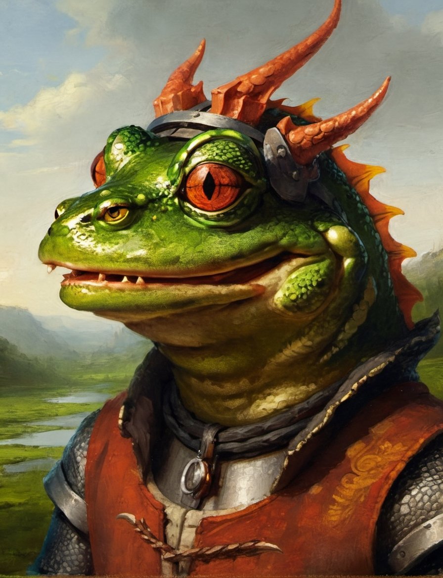 (close up, anthropomorphic medieval evil (frog:1.0) (dragon:1.4) head and shoulders oil portrait:4), by Moritz von Schwind , knight in a richly decorated medieval armor, bright colors,  medieval countryside background scene, countryside, castle , symmetrical features ,oil painting