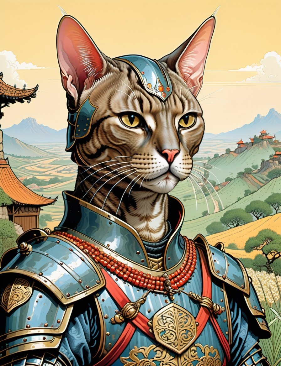 head and shoulders Portrait, fantasy anthropomorphic (medieval oriental:3) (cat samurai with full armor :2),  background oriental countryside setting ,
highly detailed, art by Jean Giraud ((Moebius style)), line ink illustration,highly detailed,  ink sketch,ink Draw,Comic Book-Style 2d,2d, pastel colors