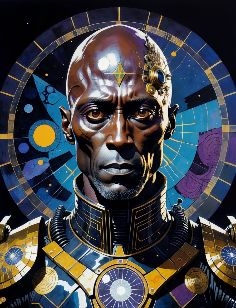 Painting of Lance Reddick as an evil sci-fi warrior, wearing power armor, solar punk setting, in the style of harry clarke and gustav klimt, analogous colors and black, bold colors and brushwork, bold lithographic, intense gaze, head and shoulders portrait