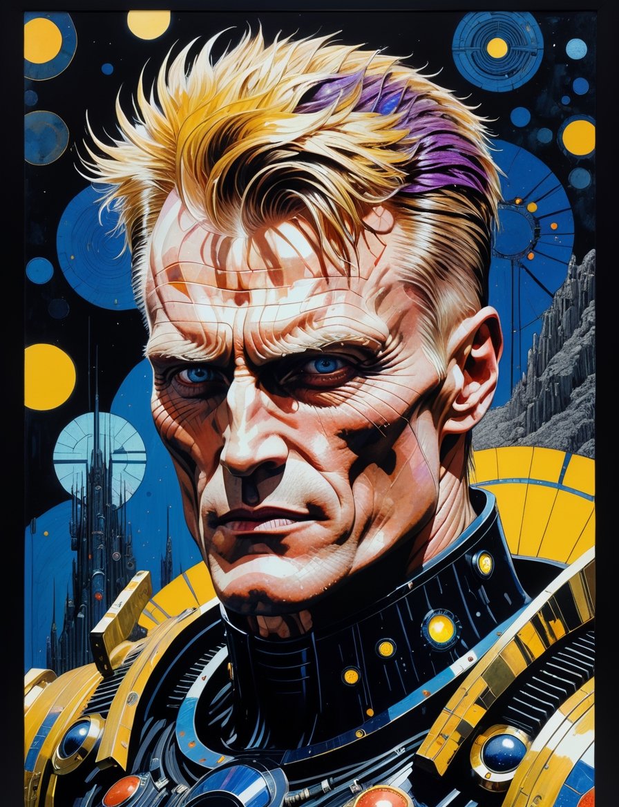 Painting of Dolph Lundgren as an evil sci-fi warrior, wearing power armor, solar punk setting, in the style of harry clarke and gustav klimt, analogous colors and black, bold colors and brushwork, bold lithographic, intense gaze, head and shoulders portrait