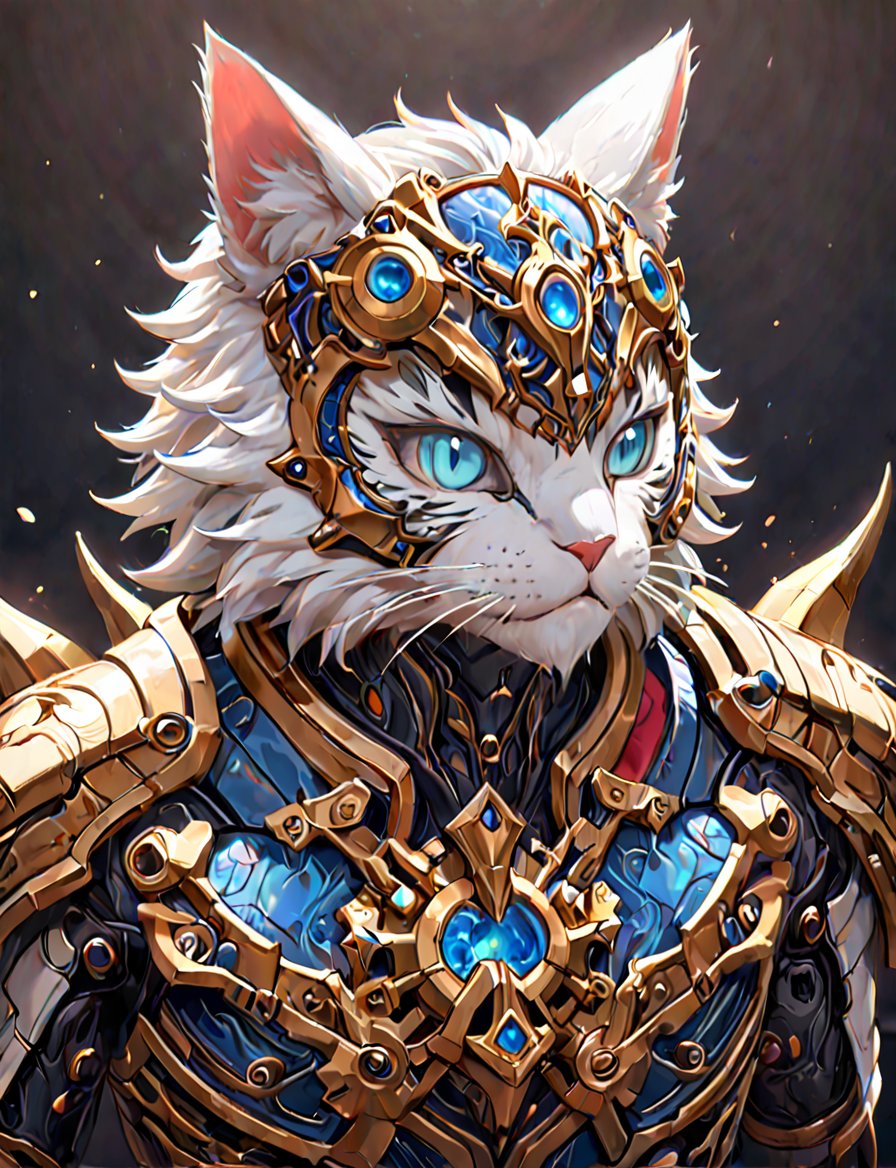(head and shoulders portrait:1.2), a Warforged cat , sentient construct of gleaming opal and black metal and gears, is dressed in intricately detailed armor. dark background , Inspired by the art of Destiny 2 and the style of Guardians of the Galaxy,art_booster