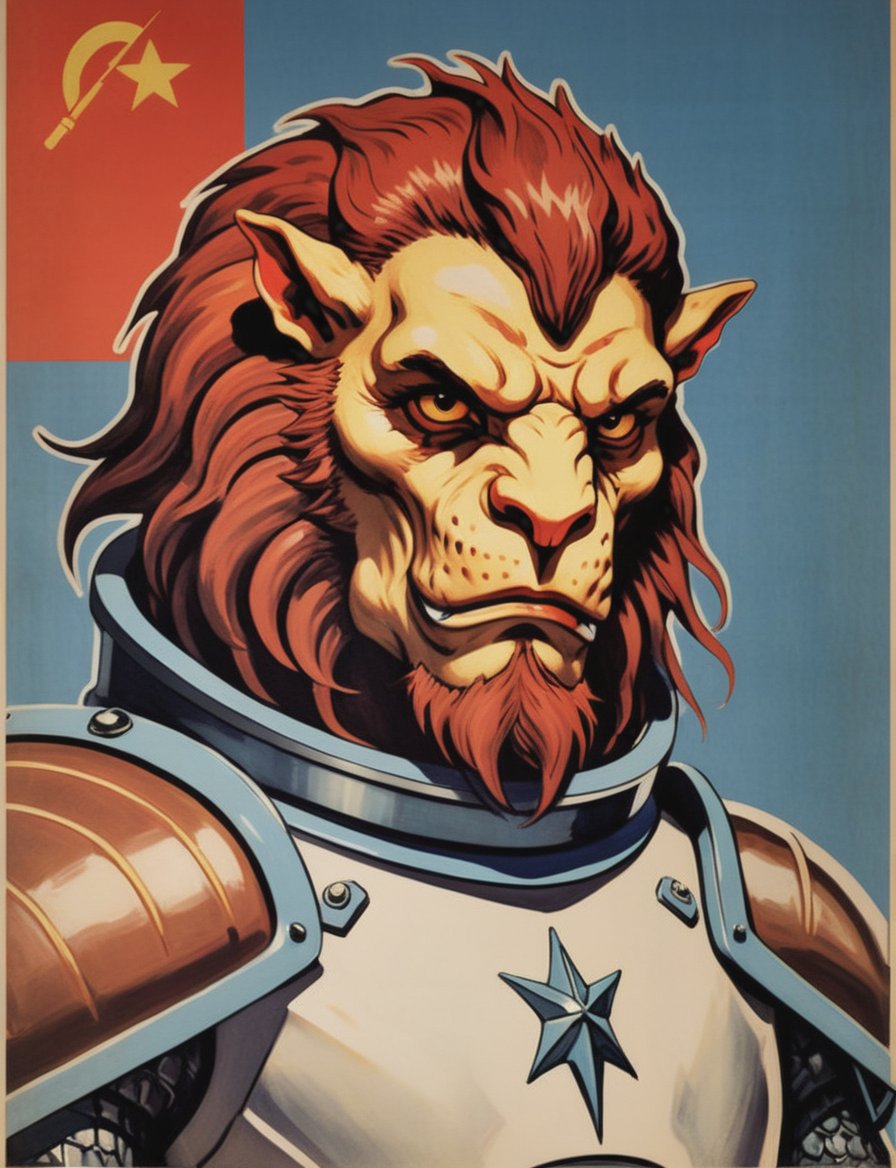 Soviet communist retro painted poster with a head and shoulders portrait, anthropomorphic manticore wearing sci-fi armor 