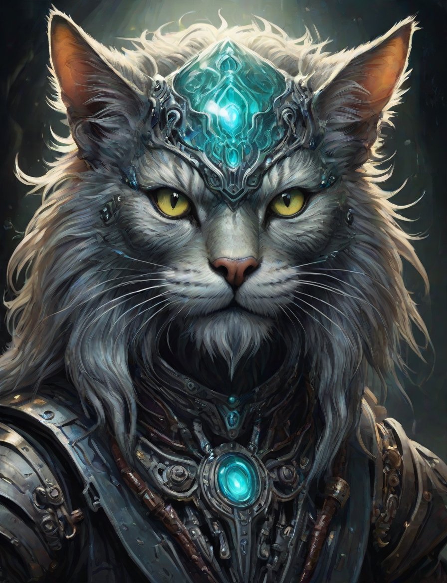 (head and shoulders portrait:1.4), (iridescent, translucent, and bioluminescent:1.2),(biomechanical symmetrical cat pirate , manticore , cyborg ), shattered reality, plasma, crystal and silver entanglement, (2d:1.4), ink (medium), 2D illustration,  detailed  painting, epic comic book art, intricate and intense oil paint, dark sci-fi background, (art by James Gurney and John Berkey :1.4), symmetrical features, triadic color scheme, muted colors, detailed