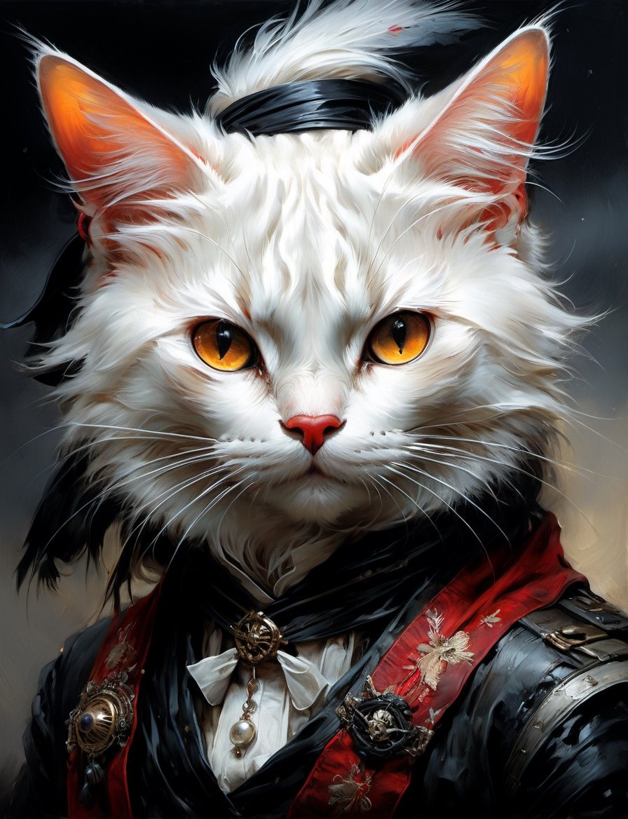 head and shoulders portrait, anthropomorphic Hybrid bird (Pershing cat) pirate animal oni, wearing pirate crew clothing, bandanna, eye_patch, multi colored feathers, oil painting, thin and smooth lines, long strokes, light and delicate tones, clear contours, cinematic quality, dark background, dramatic lighting, by Jeremy Mann, Peter Elson, Alex Maleev, Ryohei Hase, Raphael Sanzio, Pino Daheny, Charlie Bowater, Albert Joseph Penot, Ray Caesar, highly detailed, hr giger, gustave dore, Stephen Gammell, masterpiece of layered portrait art, techniques used: sfumato, chiaroscuro, atmospheric perspective