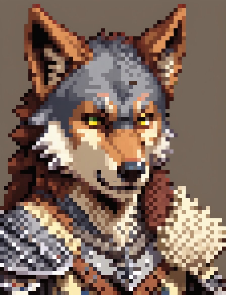 Head and shoulders portrait, anthropomorphic wolf warrior ,  pixel art, PixArFK, ,Pixel Art