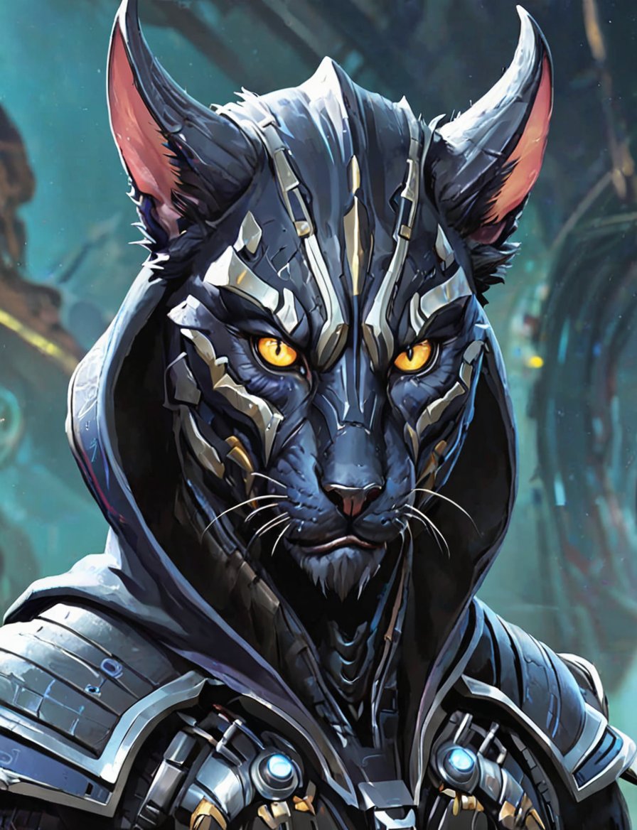 (head and shoulders portrait:1.2), Sci-Fi. (anthropomorphic displacer beast:1.3), athletic build. hooded, wearing futuristic and highly cybernetic black armor. Inspired by the art of Destiny 2 and the style of Guardians of the Galaxy,art_booster