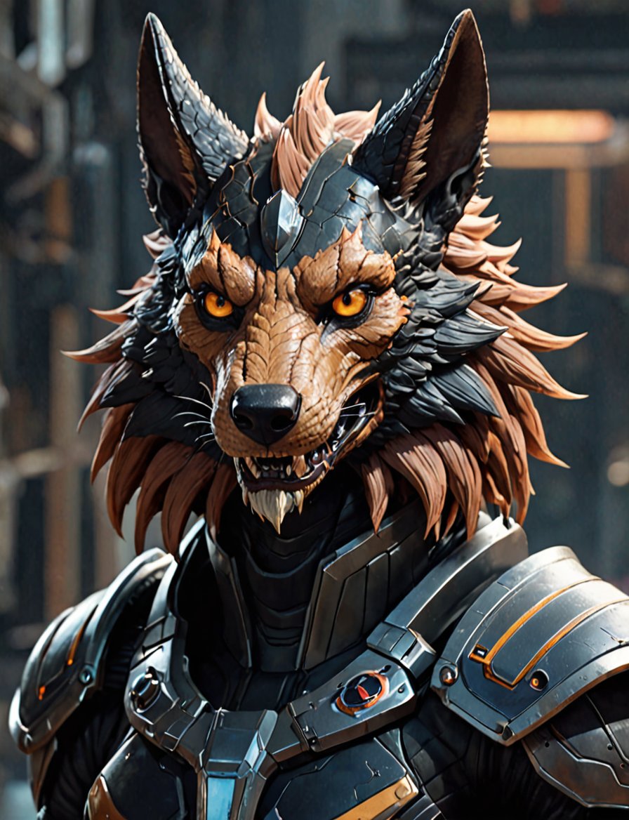 (head and shoulders portrait:1.2), Sci-Fi. (anthropomorphic manticore jackal :1.3), athletic build. wearing futuristic and highly cybernetic black armor. Inspired by the art of Destiny 2 and the style of Guardians of the Galaxy
