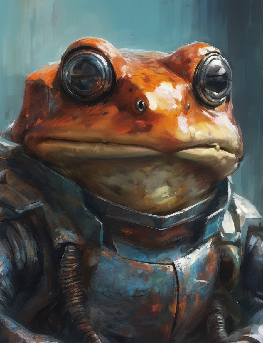 (close up, head and shoulders portrait:1.3), (anthromorphic toad:1.6), wearing sci-fi polycarbonate armor , "The overall effect is a blend of impressionism and abstraction, creating a rich, immersive setting. The scene should feature a realist selective focus on main subject. In contrast, the background should transition into an abstract, painterly environment. The atmosphere should be hazy and diffuse, contributing to an ethereal and somewhat dystopian feel. Background impressionistic style to emphasize mood and atmosphere over detailed realism. The colors in the background include shades of rich, vibrant hues with dramatic contrasts, featuring deep, earthy tones and vivid highlights, blending seamlessly with cooler hues like blues and greys. Use muted accents like rusty orange-yellows, and rusty teals to highlight tiny areas and add visual interest. Use this blend of subdued and bold colors to emphasize the gritty nature of the scene."