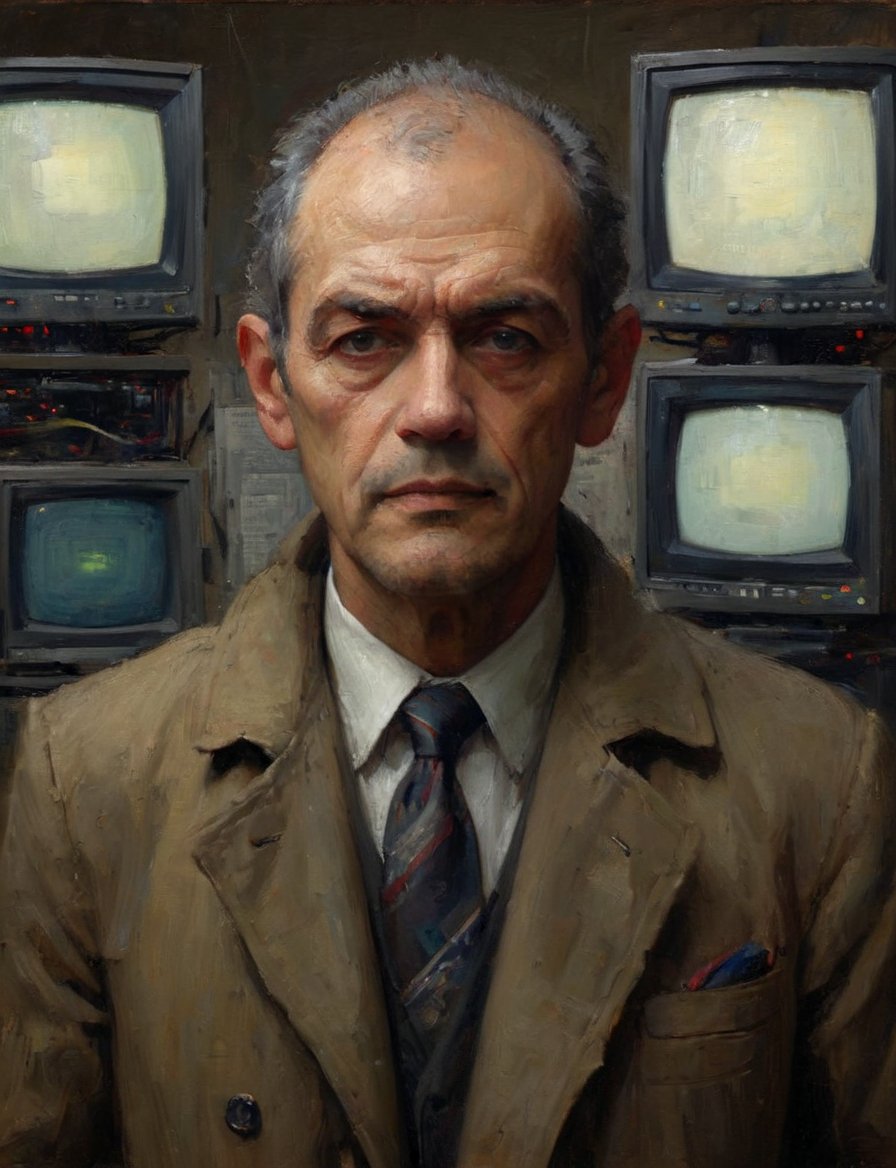 head and shoulders portrait, A man whose head turns into old computer monitor , a hard-boiled atmosphere, a trench coat, a tie