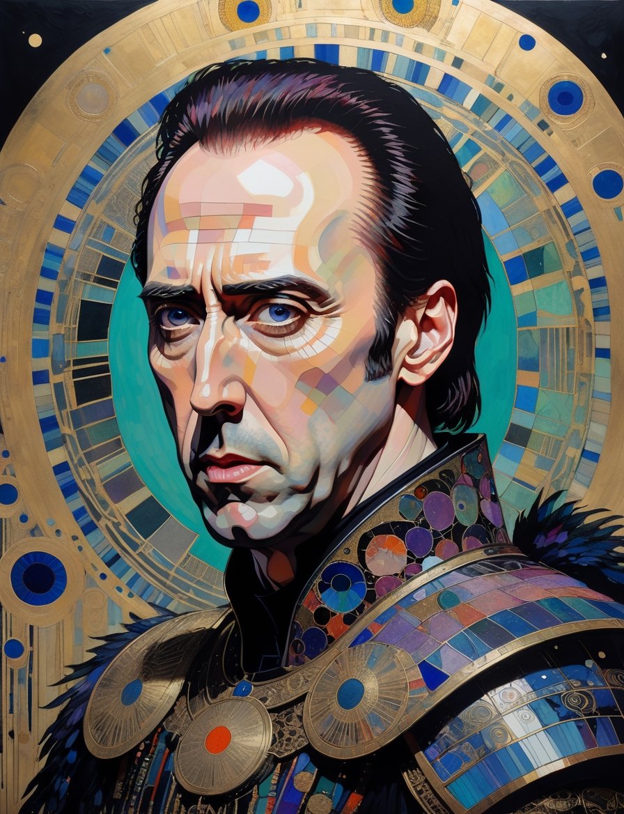 Painting of nick cage as a warrior, in the style of harry clarke and gustav klimt, analogous colors and black, bold colors and brushwork, bold lithographic, intense gaze, head and shoulders portrait