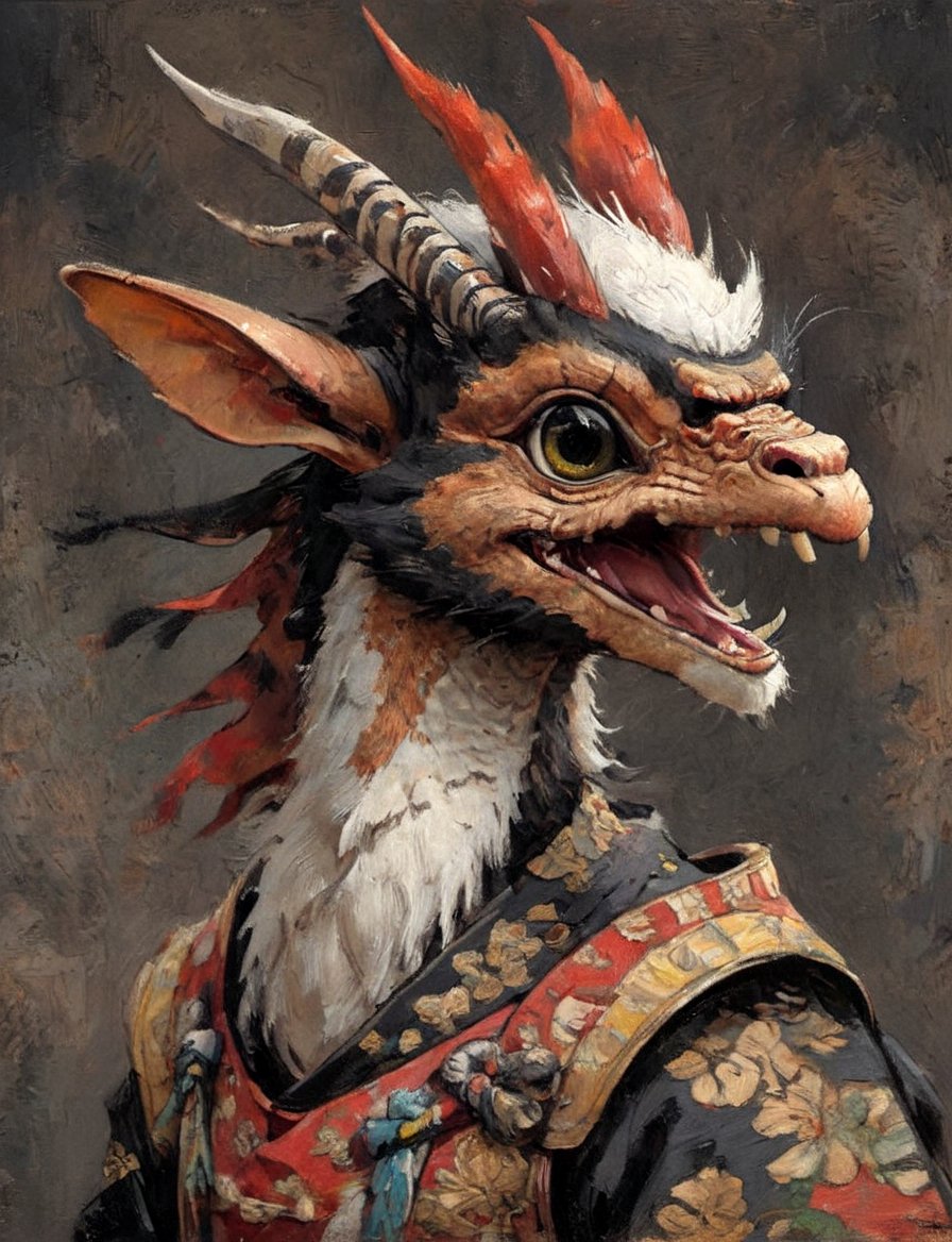 (close up, head and shoulders portrait:1.3), anthromorphic ( gerenuk :1.2) dragon, samurai , black samurai armor, brown, yellow red , white and black color scheme , (dark background:1.2), Disney pixar style,Ukiyo-e,ink,colorful,shogun