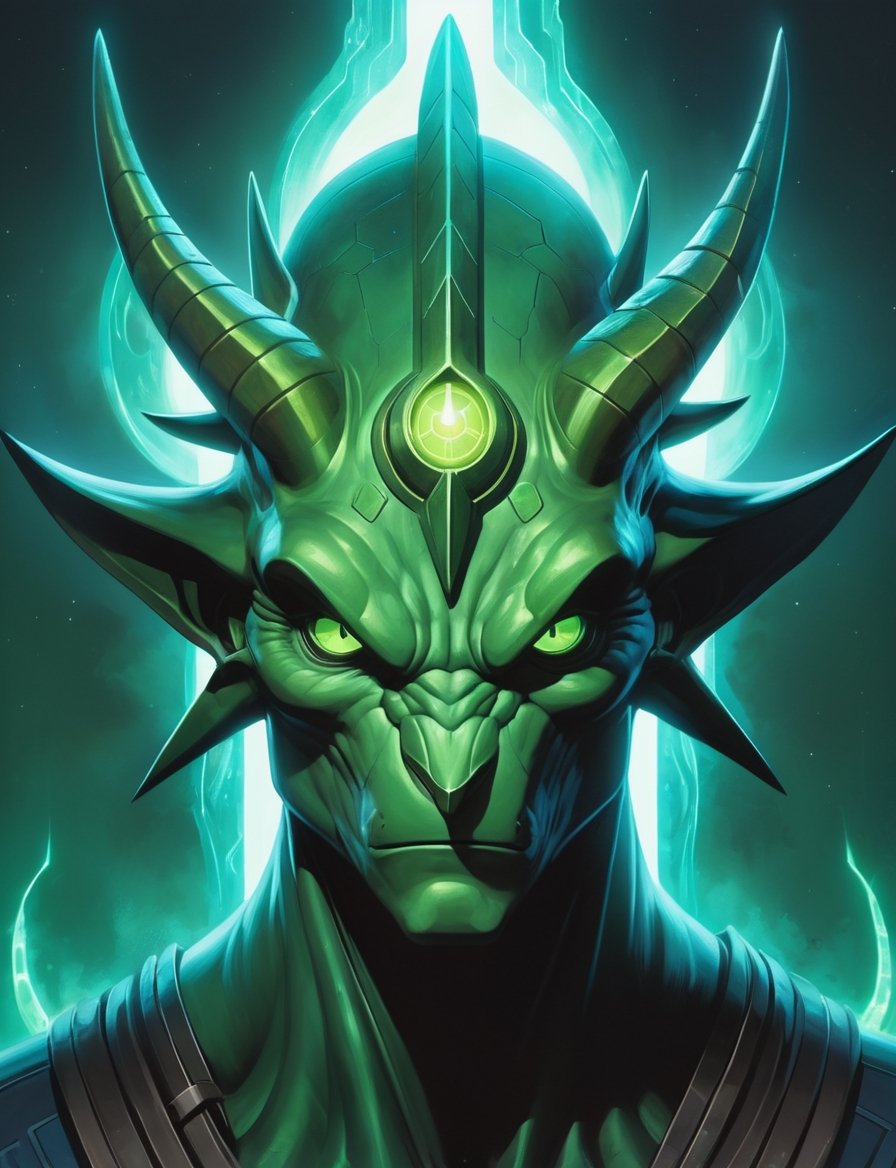 head and shoulders portrait, green legendary_pokemon , illuminated eyes,  symmetrical features, bioluminescent, High definition, 8k, oil painting, detailed masterpiece. Translucent image, professional sinister concept art, by artgerm and Greg Rutkowski, an intricate, elegant and highly detailed digital painting, concept art, soft and sharp focus, illustration, in the style of Simon Stalenhag, Wayne Barlowe and Igor Kieryluk.,arcane