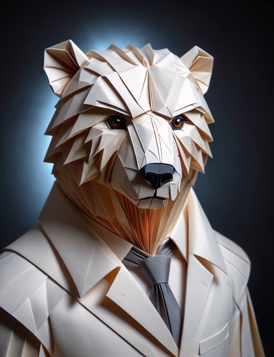 (head and shoulders portrait:2), (angry glaring villian paper polar bear:2), menacing expression, wearing super hero outfit, made out of folded paper, origami,  light and delicate tones, clear contours, cinematic quality, dark background, highly detailed, chiaroscuro, ral-orgmi