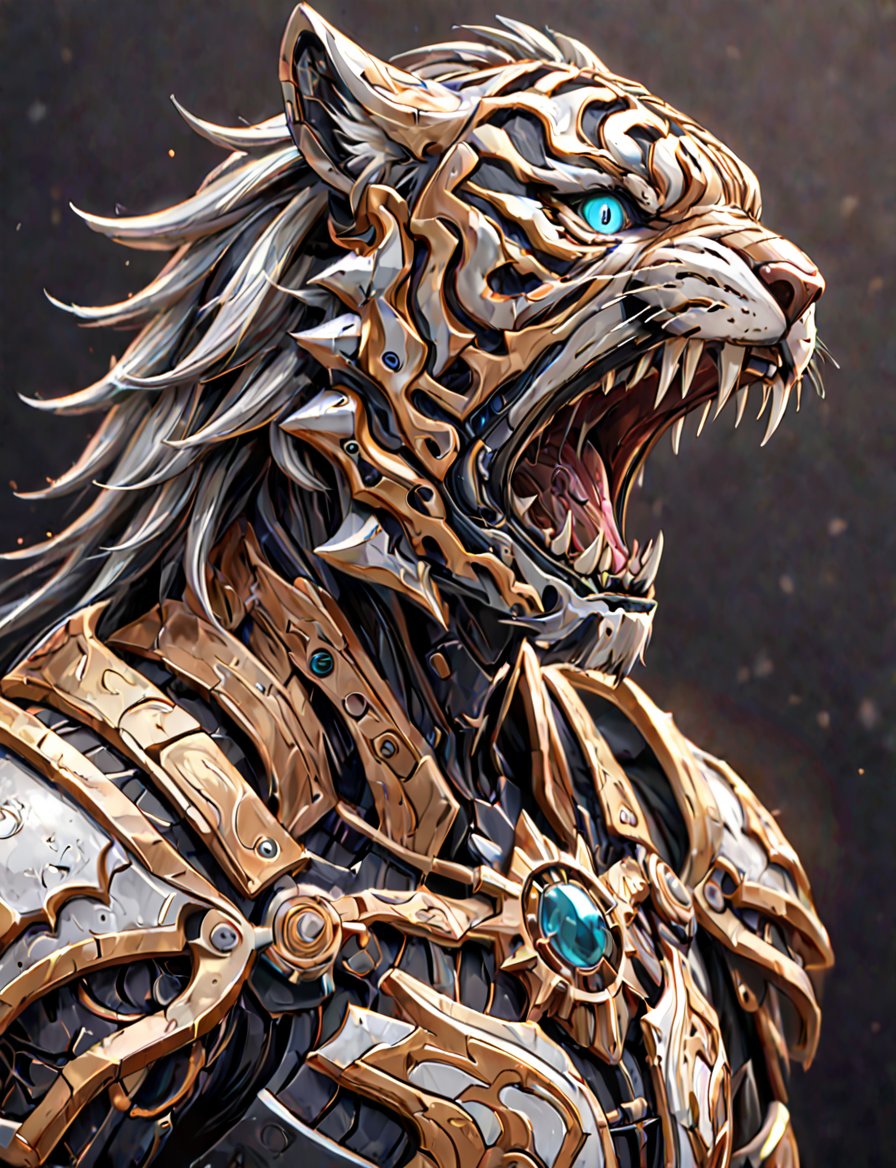 (head and shoulders portrait:1.2), a Warforged tiger  , sentient construct of gleaming silver and black metal and gears, is dressed in intricately detailed armor. dark background , Inspired by the art of Destiny 2 and the style of Guardians of the Galaxy,art_booster