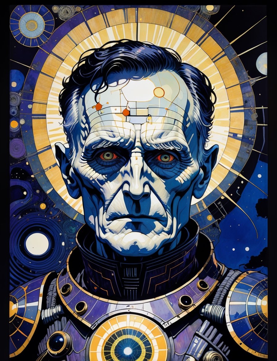 Painting of Desmond Llewelyn as an evil sci-fi warrior, wearing power armor, solar punk setting, in the style of harry clarke and gustav klimt, analogous colors and black, bold colors and brushwork, bold lithographic, intense gaze, head and shoulders portrait