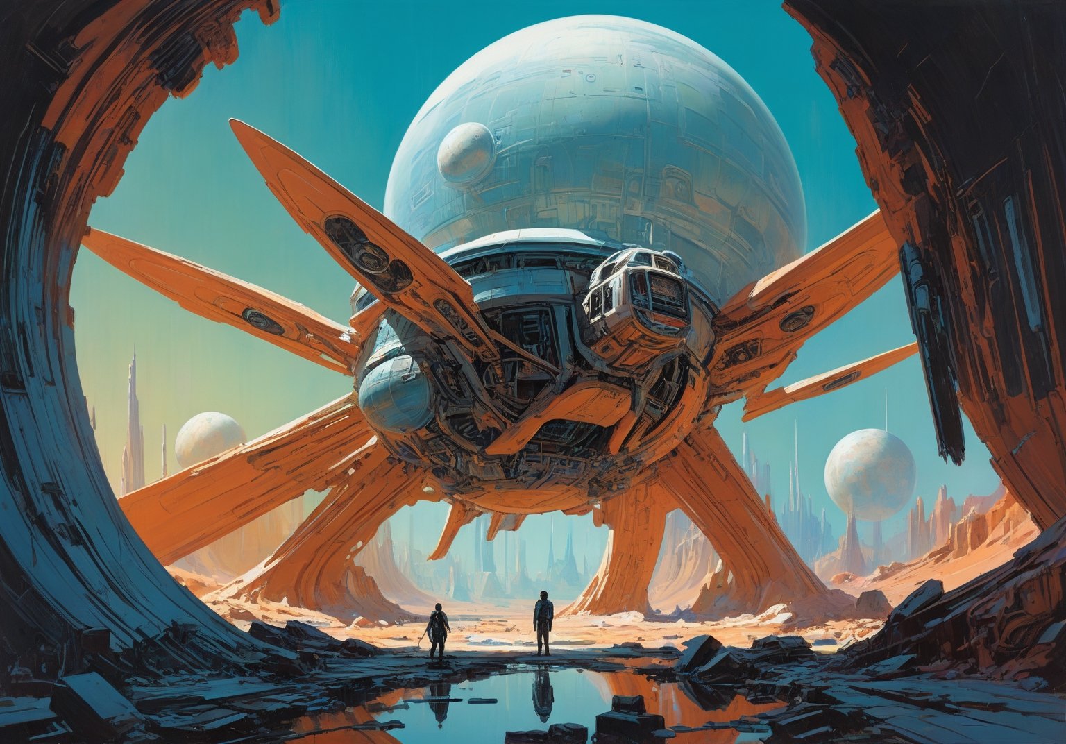 alien planet, azure sky, (art by Syd Mead:1.8) (art by John Berkey:2), arena, geometric portal, solar punk, tangerine and teal, cold color palette, muted colors, detailed, 8k, art by h.r. giger