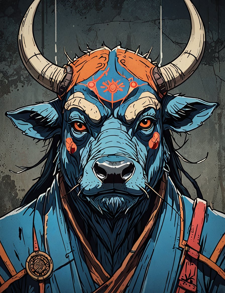 (close up, head and shoulders portrait:1.5), red, orange, blue, violet gradient ,(anthromorphic water buffalo :1.5), samurai, wearing samurai armor, (strong outline sketch style:1.5), symmetrical features, gritty fantasy, (darkest dungeon art style :1.4), dark muted background, detailed, one_piece_wano_style, Dark Manga of