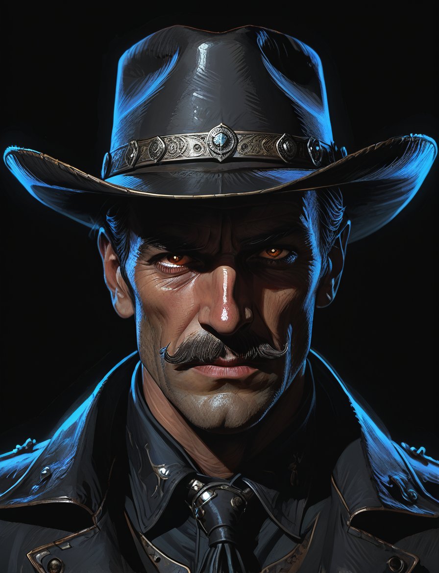 (head and shoulders portrait:1.2), Gary cooper as vampire cowboy , (wide handlebar mustache:1.3), cowboy hat , holographic glowing eyes, wearing power armor outfit , (outline sketch style:1.5), surreal fantasy, close-up view, chiaroscuro lighting, no frame, hard light,Expressiveh,concept art,dark theme