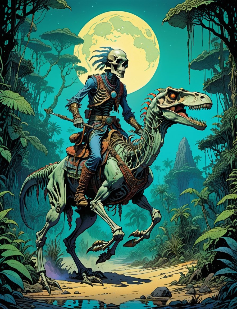 a shaman riding an evil skeleton velociraptor in the jungle, moonlight, Dark Magic, dnd, fantasy  jungle setting, highly detailed, art by Jean Giraud ((Moebius style)), line ink illustration,highly detailed,  ink sketch,ink Draw,Comic Book-Style 2d,2d, pastel colors