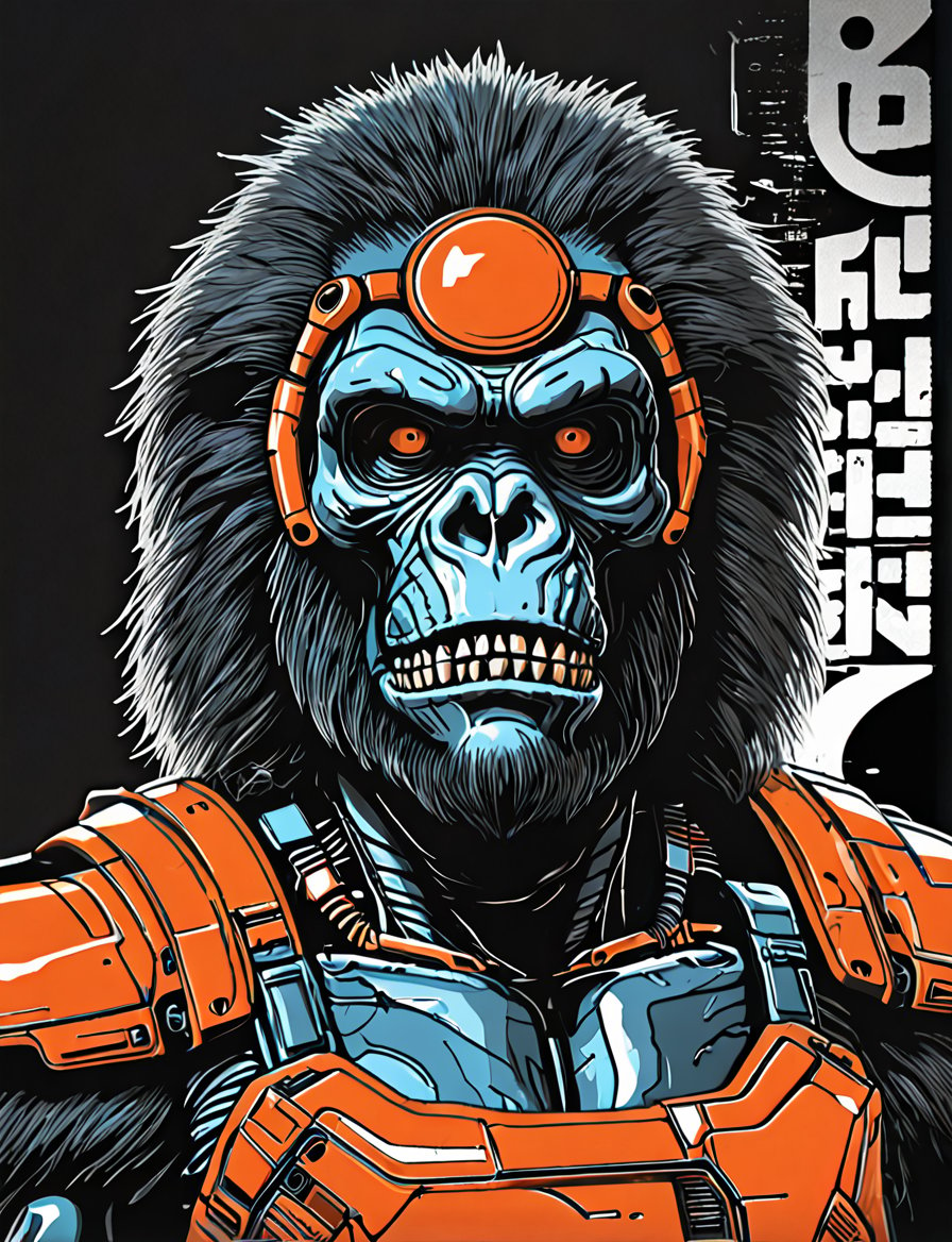 (close up, head and shoulders portrait:1.5), An extremely detailed 1970s retro-future anthropomorphic (gorilla skull :1.2) (manticore :1.4) robot, centered, (strong outline sketch style:1.5), (flat silkscreen art style:1.9), (solid dark background:1.2), (red, orange, sapphire, black and white tones), masterpiece, epic, by pascal blanche rutkowski repin artstation painting concept art of detailed character design matte painting, 4 k resolution blade runner, dark muted background, detailed, comic book,dcas_lora