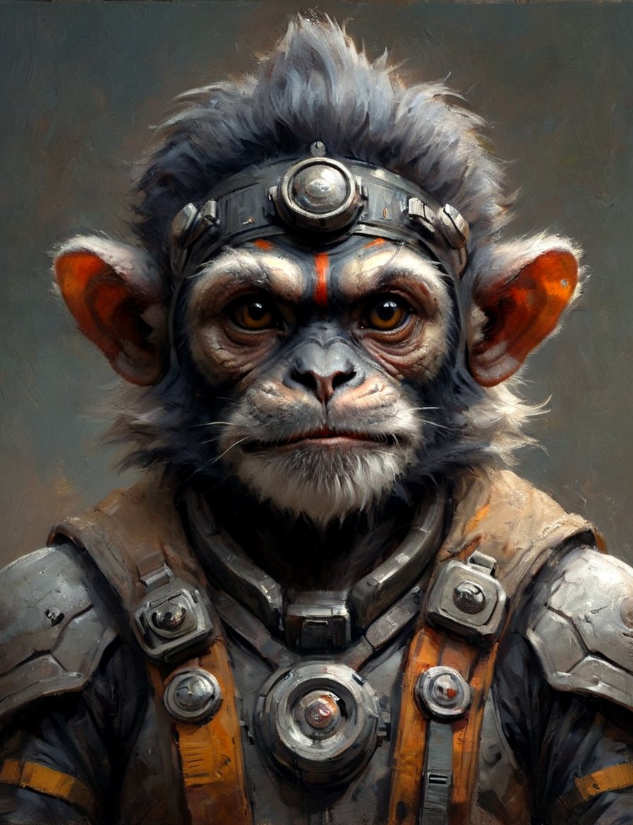 head and shoulders portrait, anthromorphic Bengal Hanuman langur , a hard-boiled atmosphere, futuristic power armor, bounty hunter 