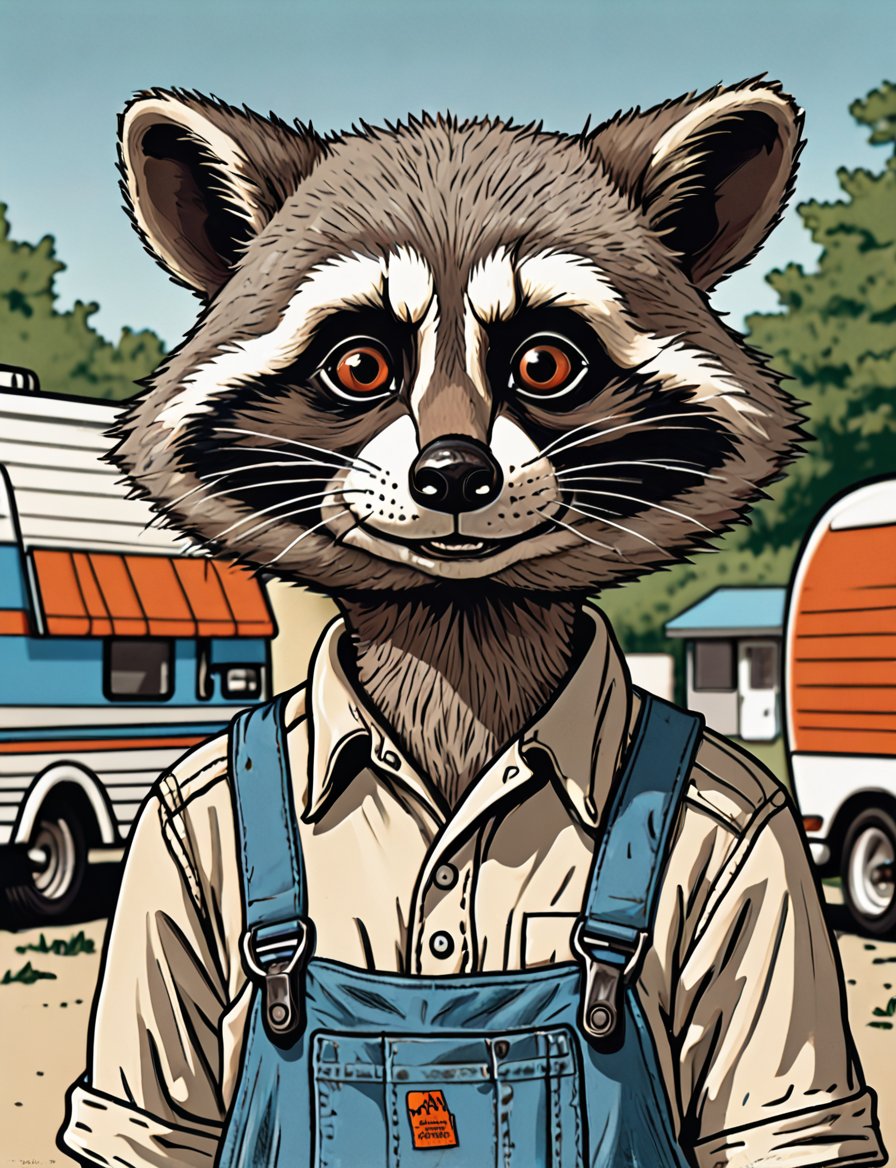 (close up, head and shoulders portrait:1.5), An extremely detailed 1980s (cartoon caricature:1.5), (oversized head caricature:1.3), anthropomorphic raccoon, wearing overalls, living in a trailer park, dystopian 