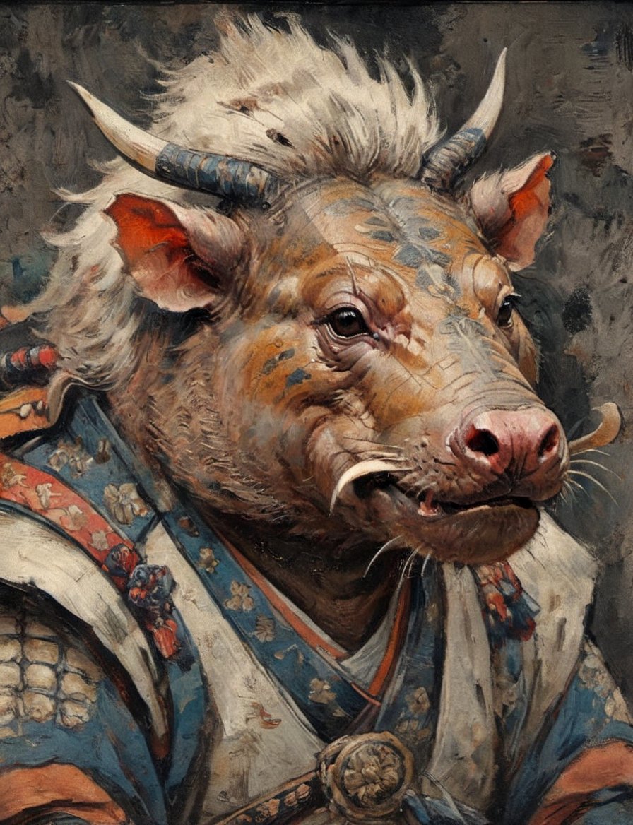 (close up, head and shoulders portrait:1.3), anthromorphic ( babirusa :1.6), oni_horns, samurai , samurai armor , brown, tangerine, sapphire , white and black color scheme , (dark background:1.2), Ukiyo-e,ink,colorful,shogun