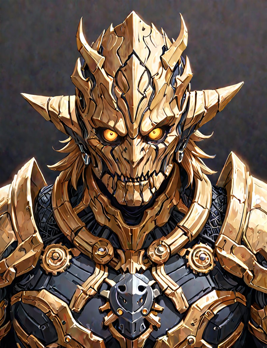 (head and shoulders portrait:1.2), a Warforged ogre  , sentient construct of gleaming gold and black metal and gears, is dressed in intricately detailed armor. dark background , Inspired by the art of Destiny 2 and the style of Guardians of the Galaxy,art_booster