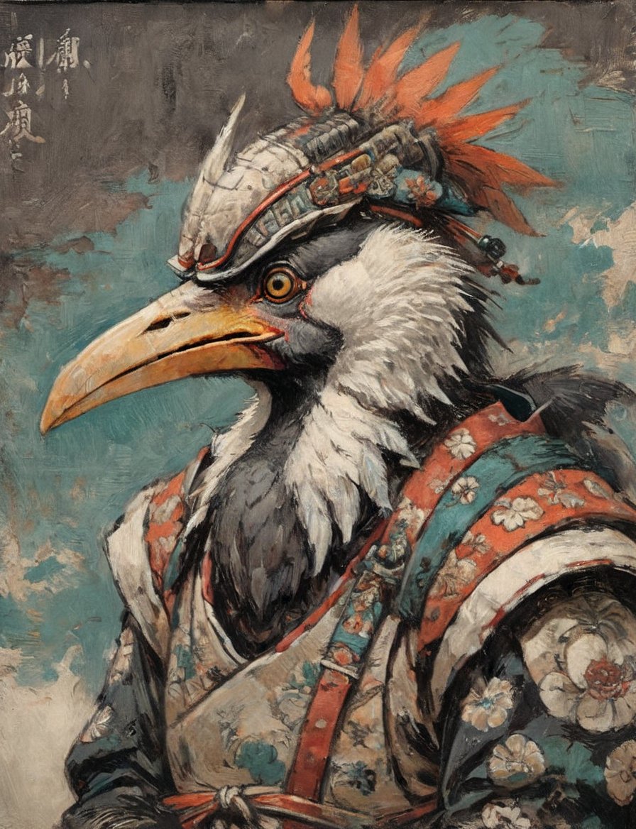 (close up, head and shoulders portrait:1.3), anthromorphic ( shoebill :1.6), oni_horns, samurai , samurai armor , brown, tangerine, teal , white and black color scheme , (dark background:1.2), Ukiyo-e,ink,colorful,shogun