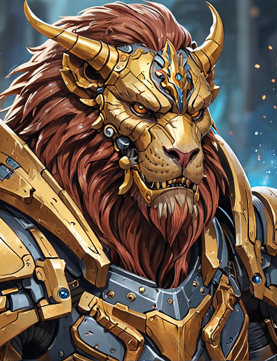 (head and shoulders portrait:1.2), a Warforged manticore , sentient construct of gleaming metal and gears, is dressed in intricately detailed armor. Inspired by the art of Destiny 2 and the style of Guardians of the Galaxy,art_booster