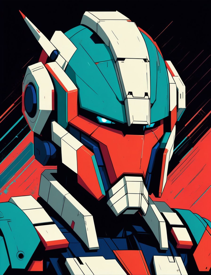 head and shoulders portrait, (anthropomorphic robotech mecha :1.3) , sci-fi cyborg warrior , 80s anime style, glitch art, flat colors, key visual, vibrant, studio anime, minimalistic